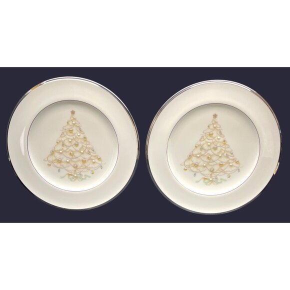 2 Noritake Bone China Palace Christmas Tree Platinum Salad Plates 8 1/2
